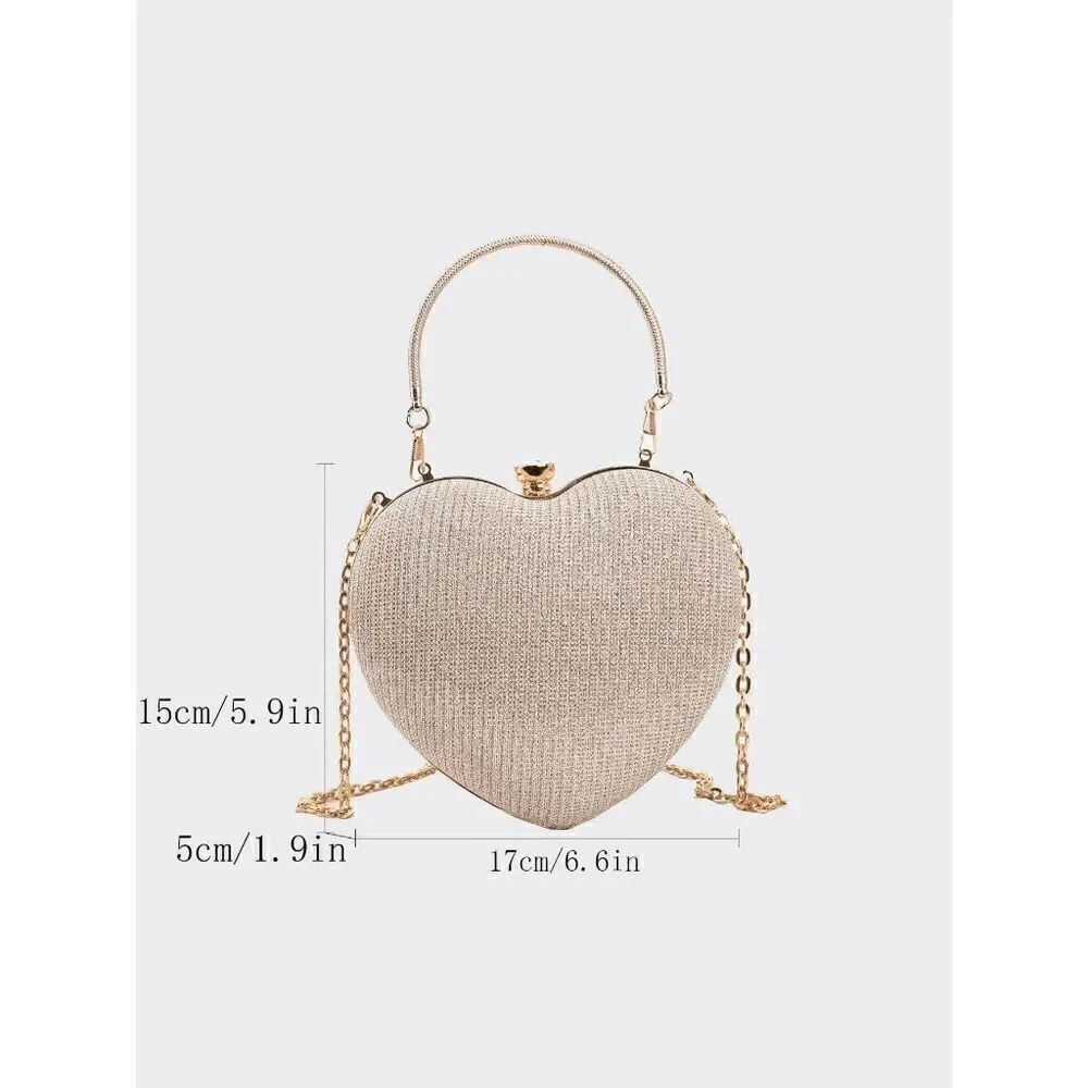 ❤️✨ Gold Sparkling Glitter Heart Shaped Top Handle Chain Clutch Purse Bag NEW